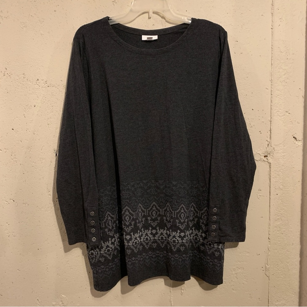 J Jill Long Sleeve Top Embroidered Hem Gray Jersey Cotton Womens Size Large